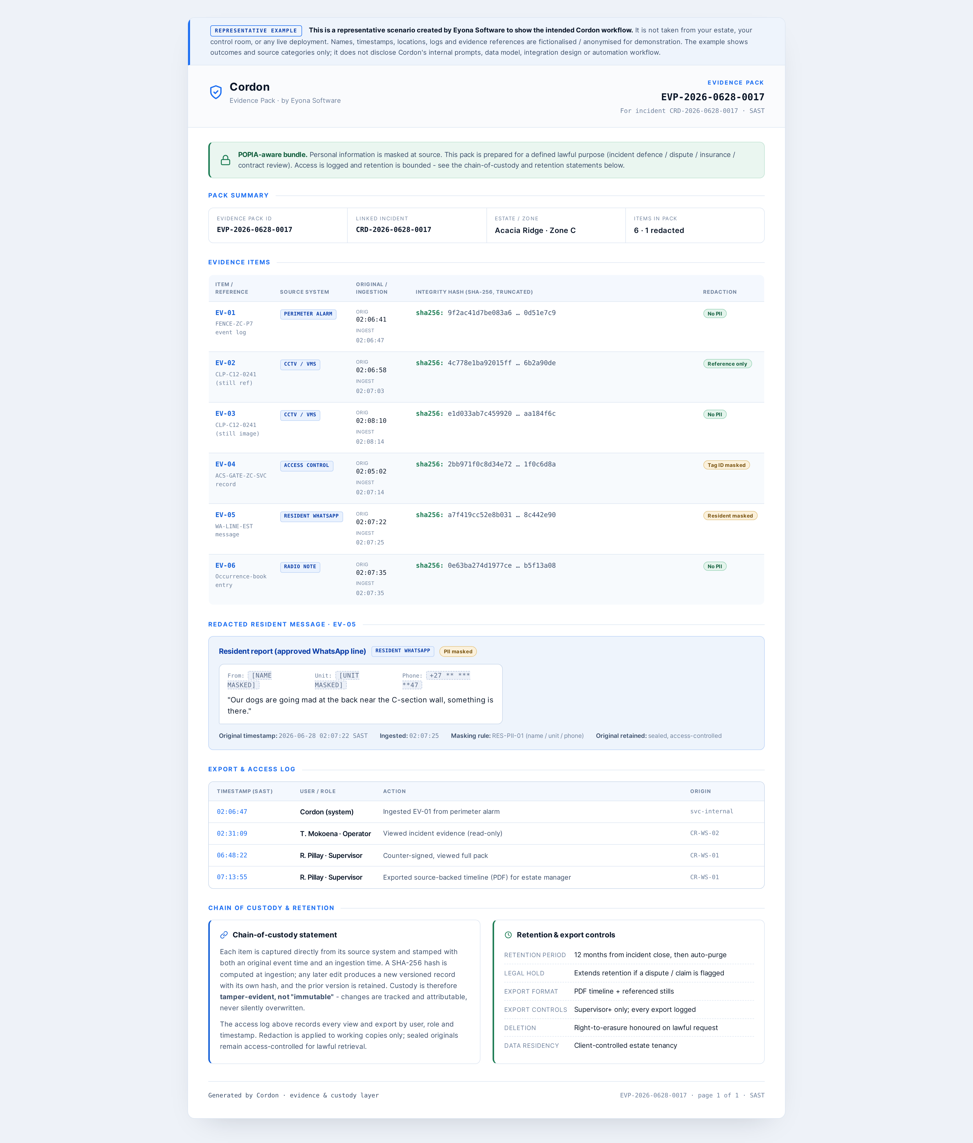 Cordon evidence pack - a representative worked example with fictional data, showing a POPIA-aware bundle with original and ingestion timestamps, integrity hashes, redaction status, an export and access log, and chain-of-custody and retention statements