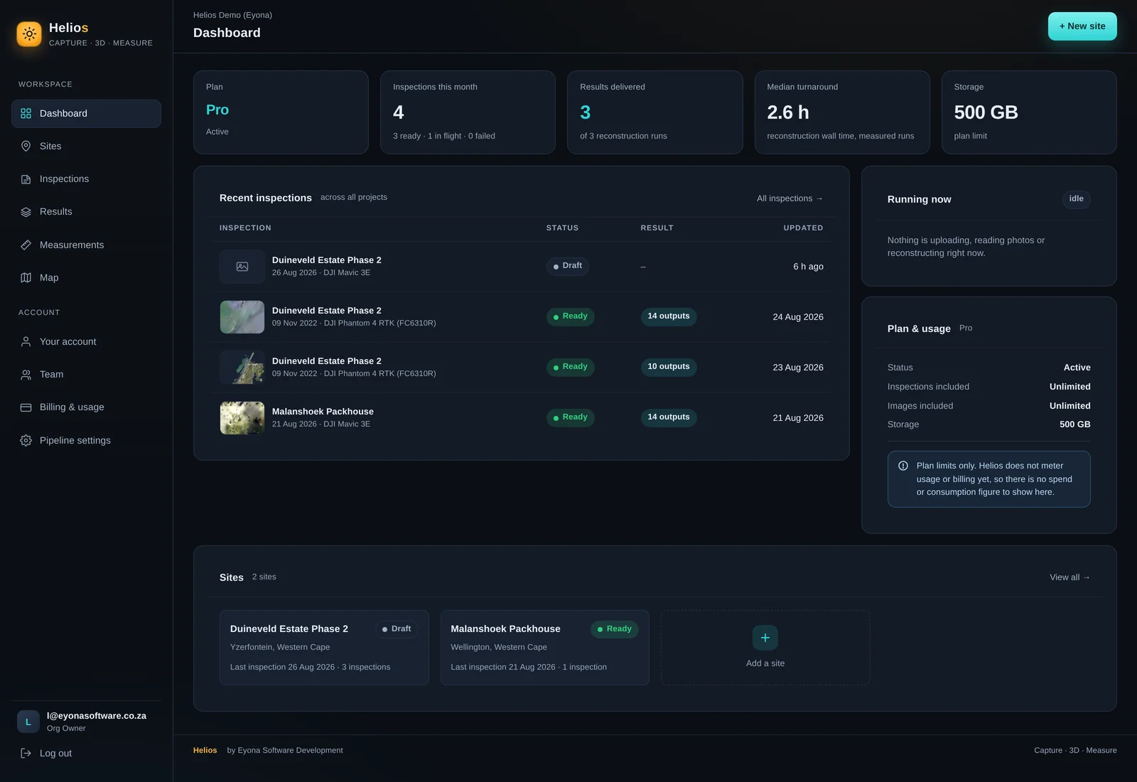 The Helios dashboard: an active plan, four inspections this month, three results delivered, a 2.6 hour median turnaround, and the recent inspections list with each flight's state and outputs.