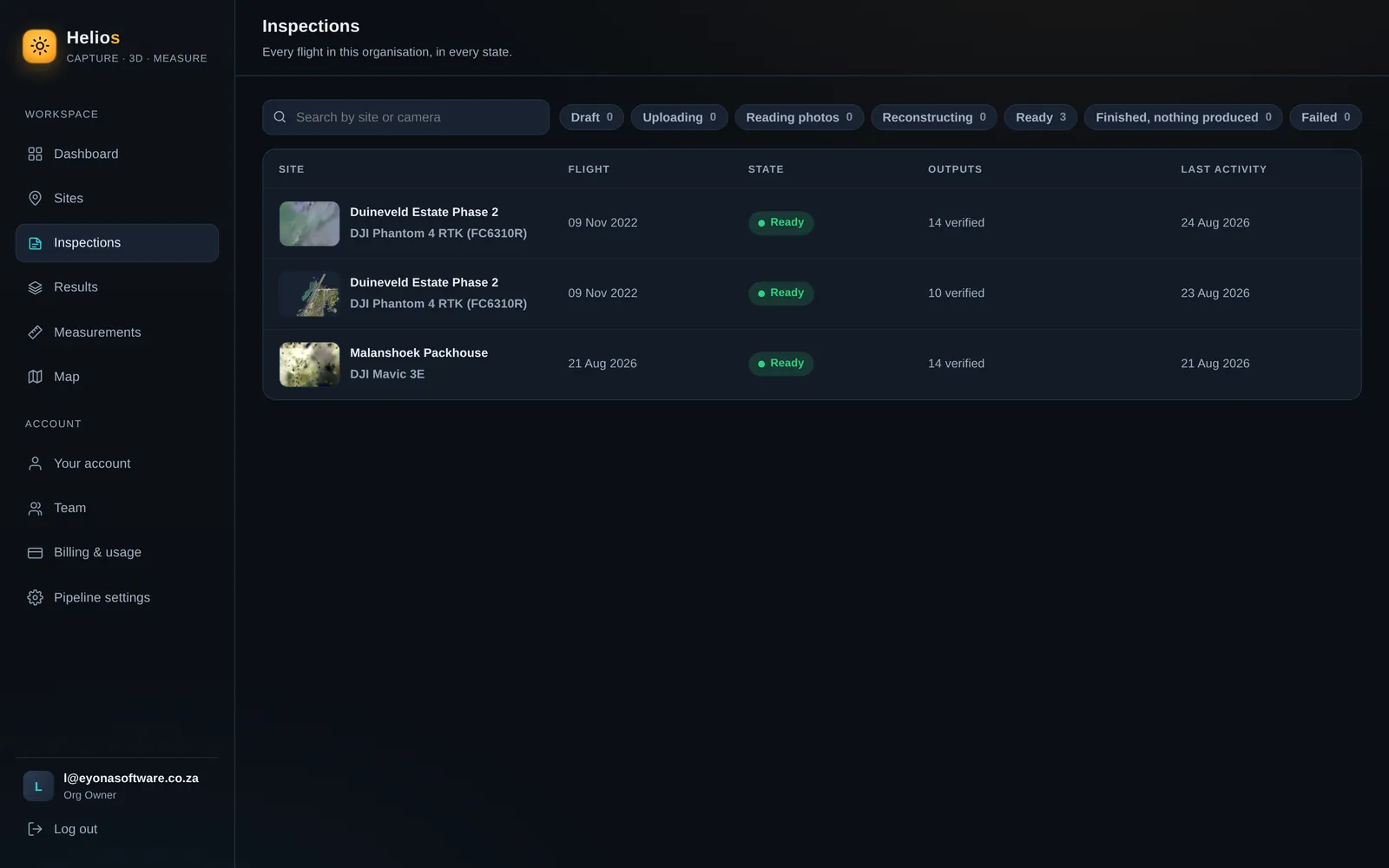 The Helios inspections list, three flights, each one ready with its verified outputs.