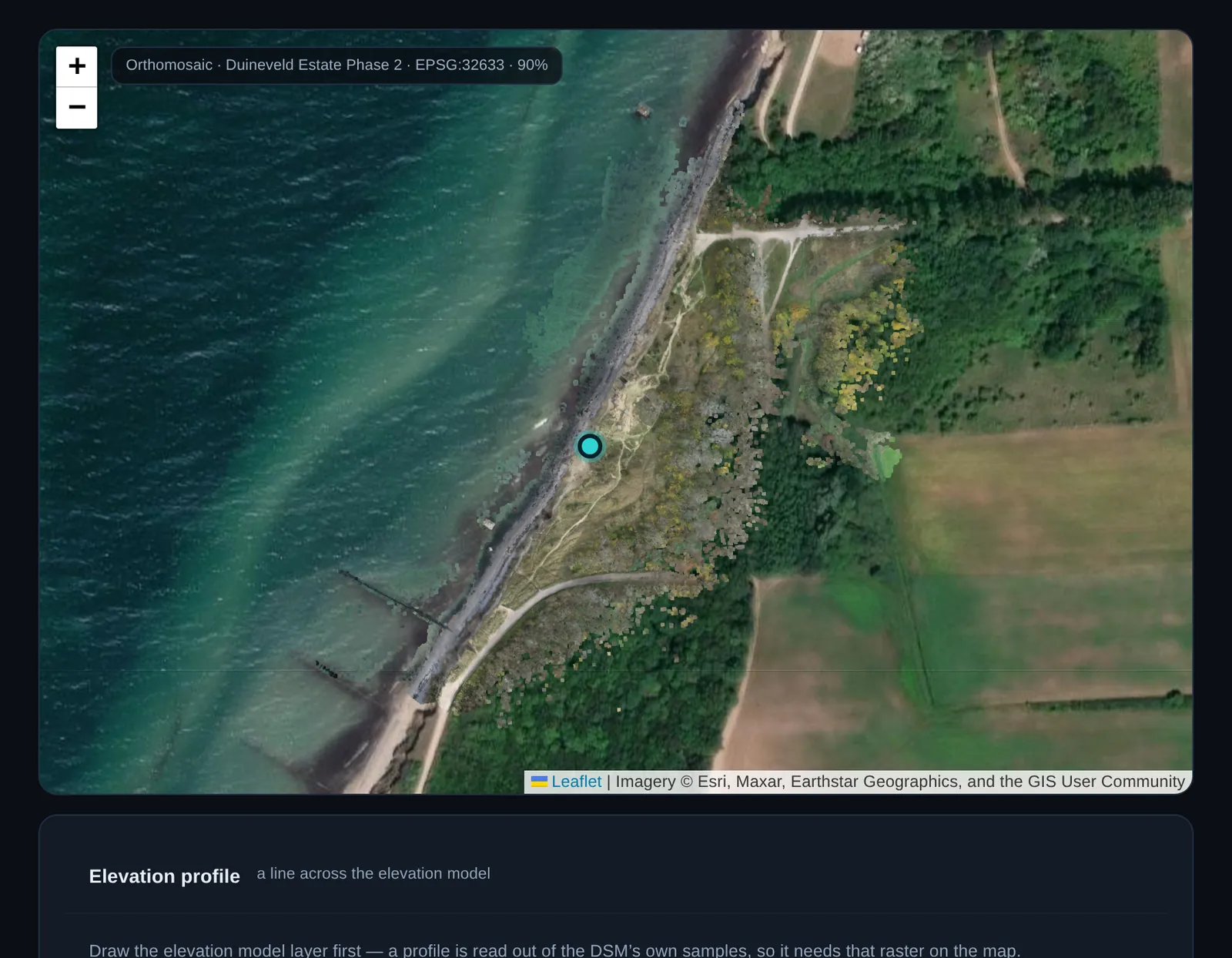 The Helios map view with the site's orthomosaic laid over a satellite basemap and the site pinned.