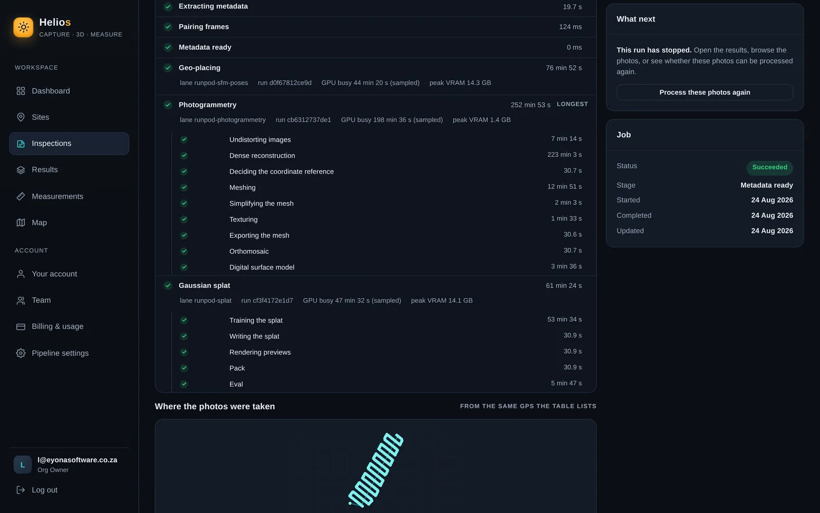 The Helios processing screen with completed pipeline stages, their timings and a succeeded job status.