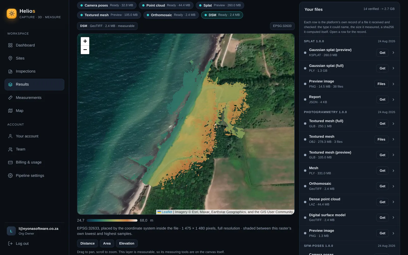 The Helios results screen with the surface model on a satellite basemap and the delivered file manifest beside it.