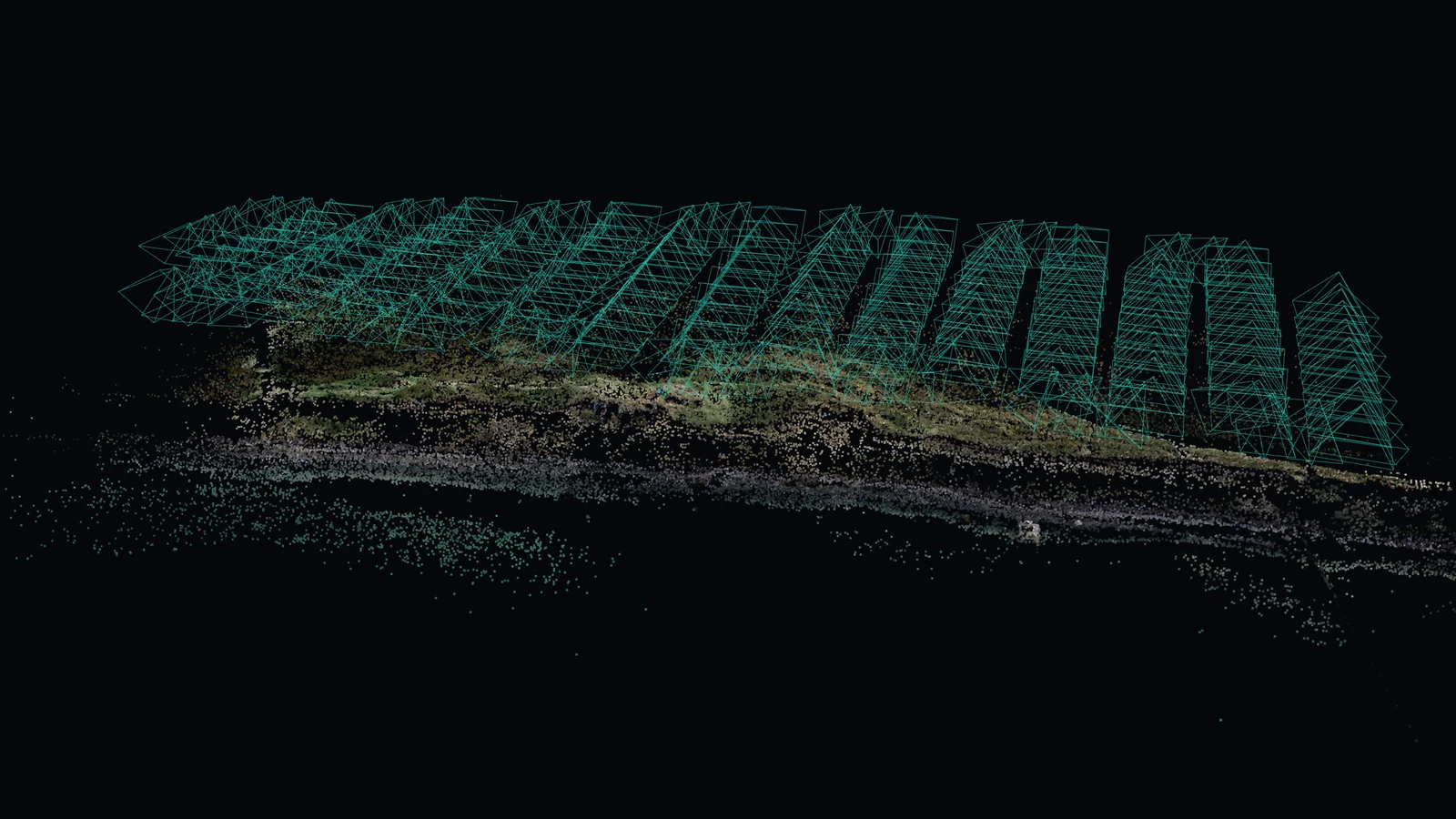 Solved camera frusta in a flight pattern above a thin sparse point cloud of the site.