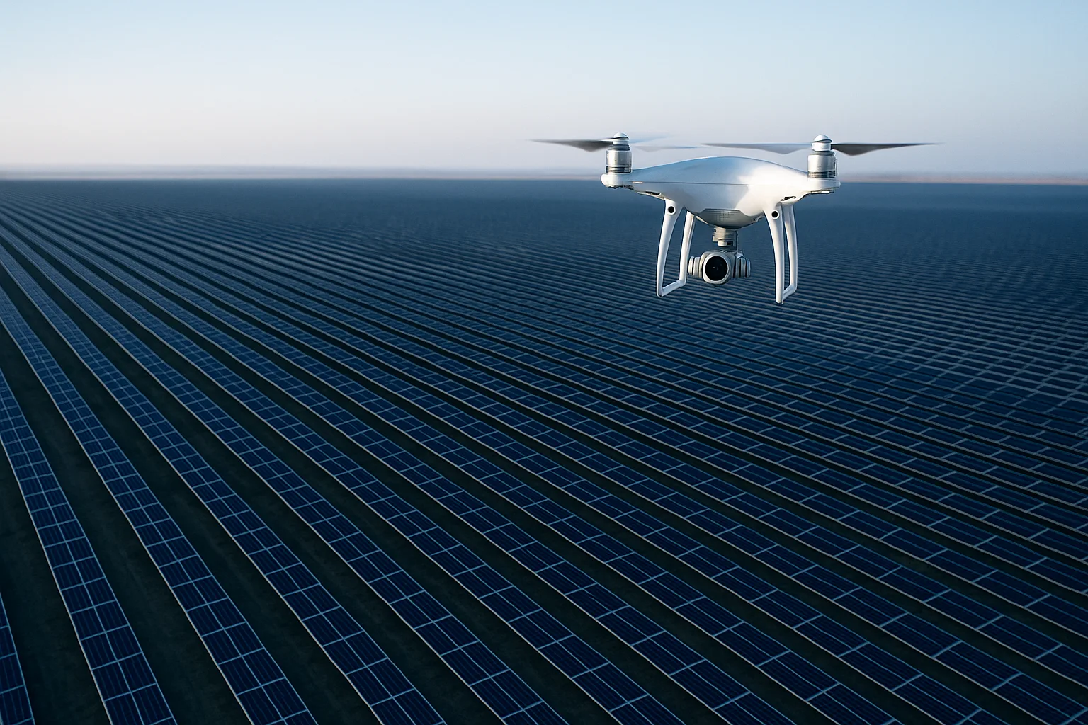 Drone inspecting a solar panel array from the air