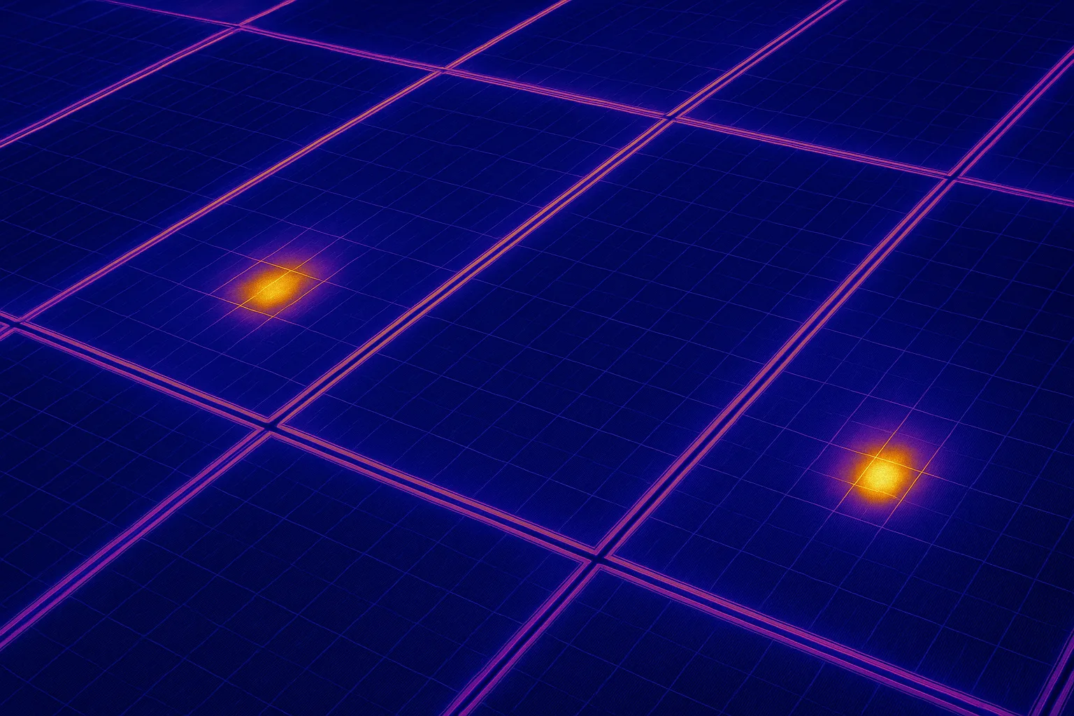 Thermal infrared view of solar panels with two bright hotspots marking faulty cells